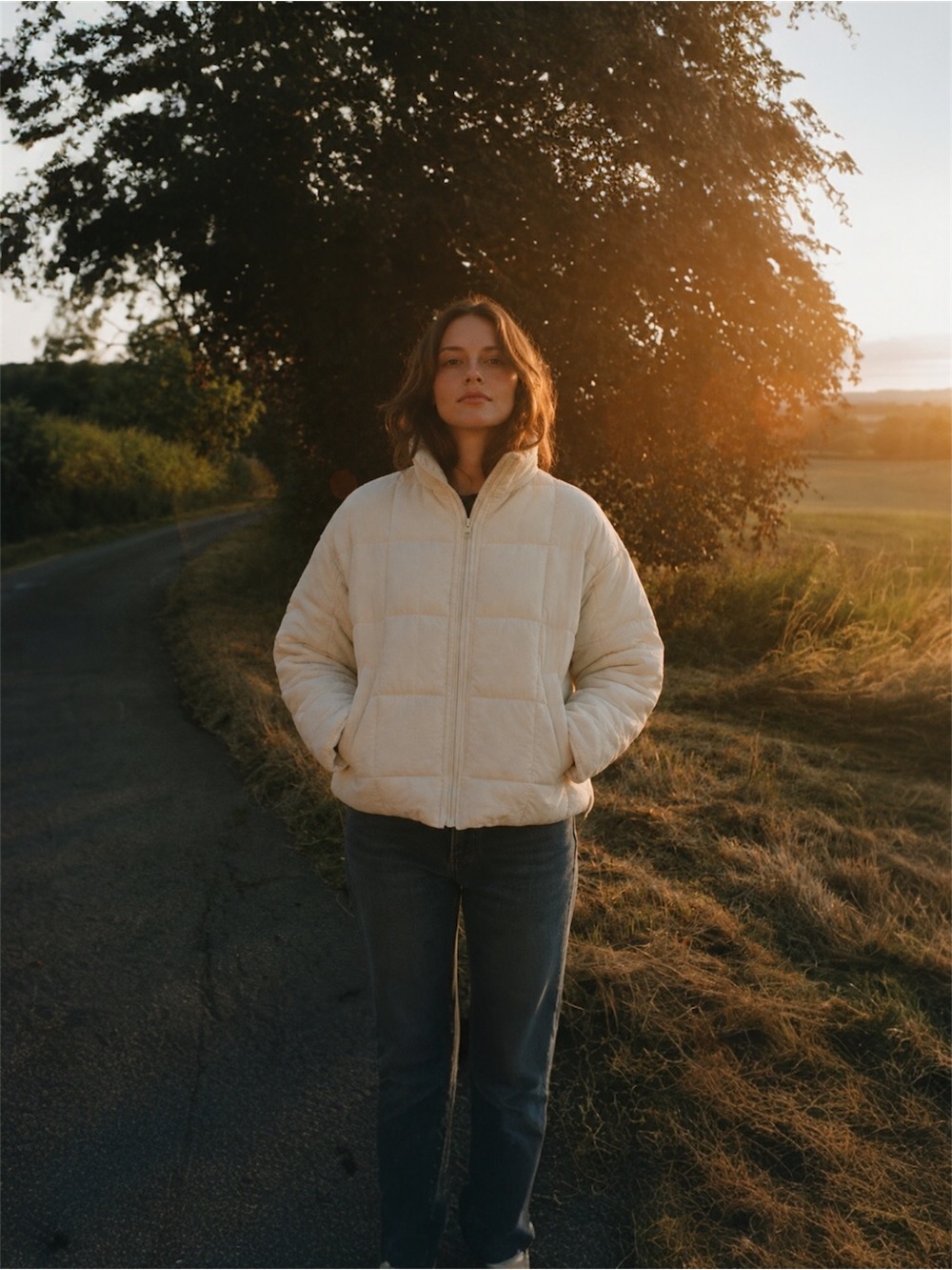 Cream Quilted Zip Front Puffer Jacket Nylon Lightweight Small Quilted